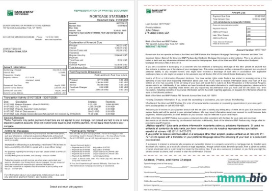 USA Dakota Południowa Bank of the West BNP Paribas wyciąg z kredytu hipotecznego w formatach Word i PDF, 3 strony 1-2
